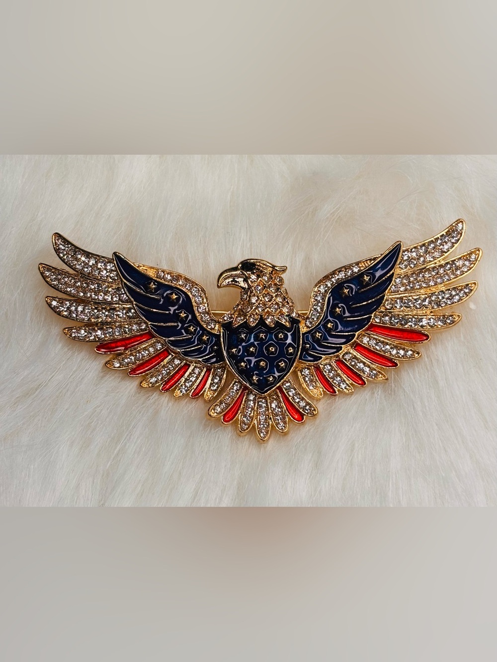 Large Patriotic American Eagle Brooch – Red White Blue Rhinestone Pin